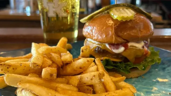 Burger and fries at Crewitts Creek